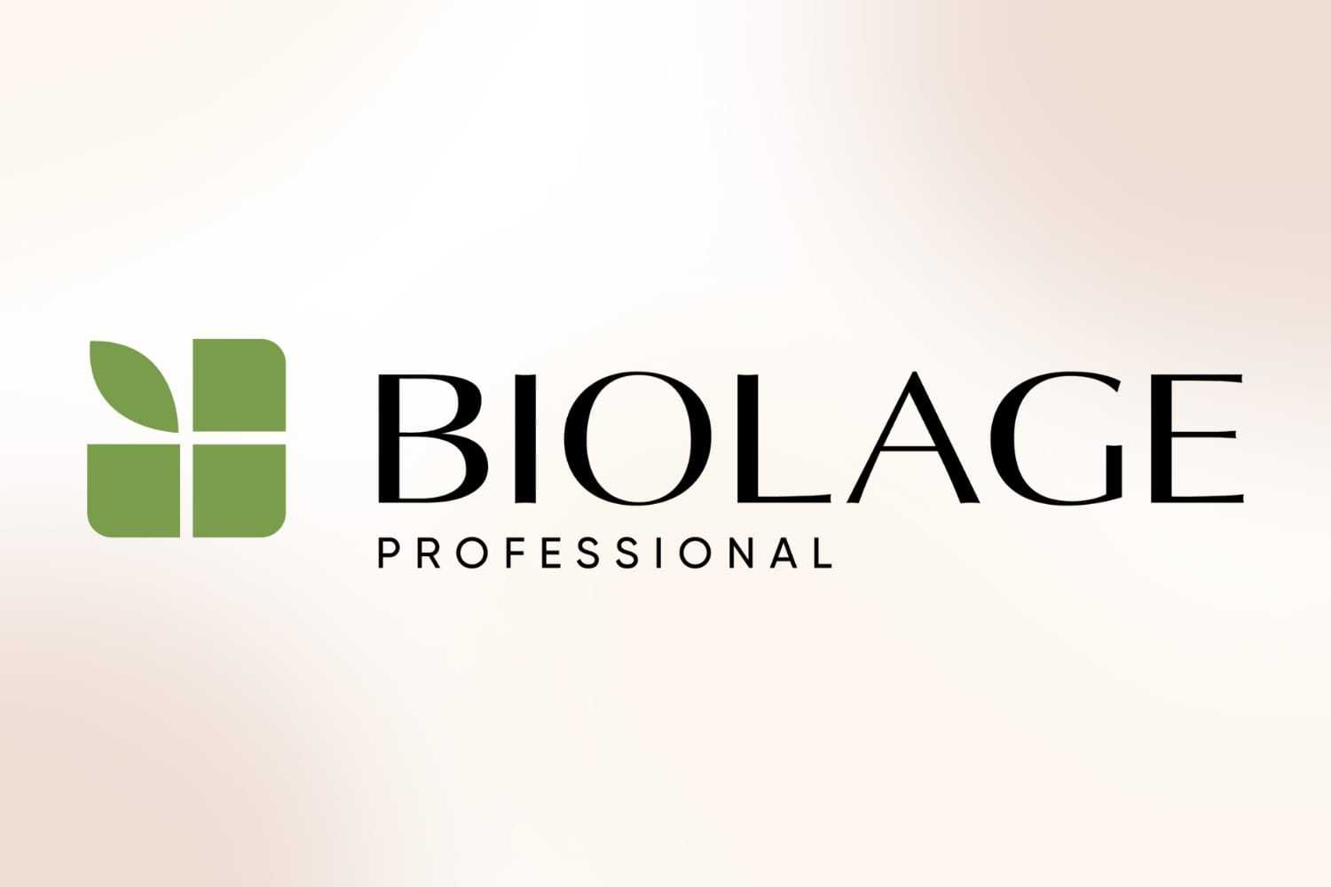 Biolage Professional logo with a green leaf design on a soft beige background.