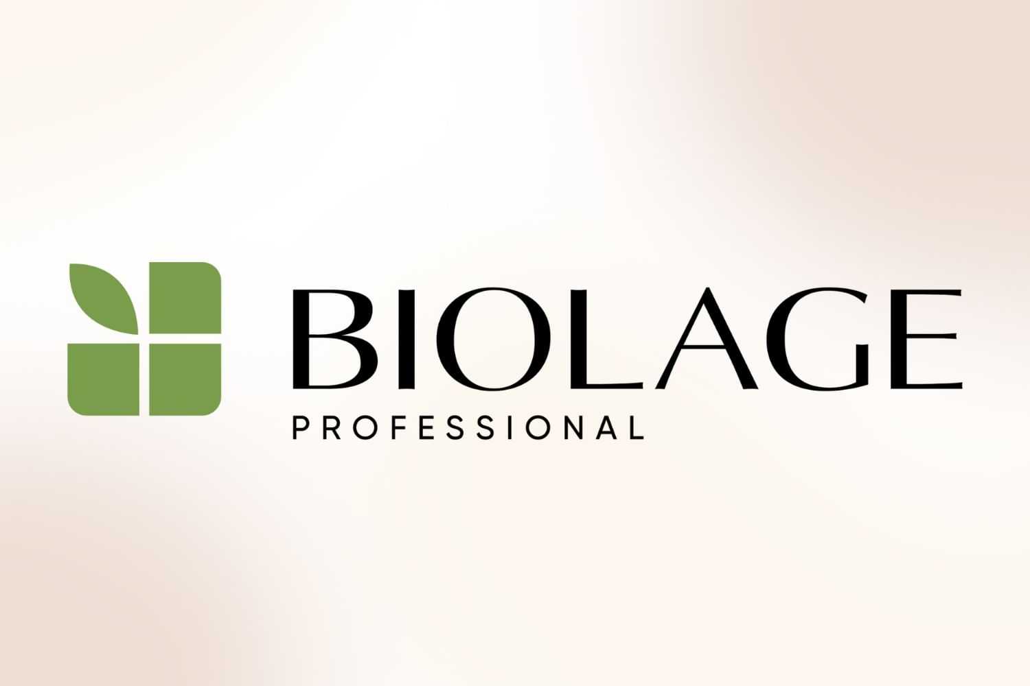 Biolage Professional logo with a green leaf design on a soft beige background.
