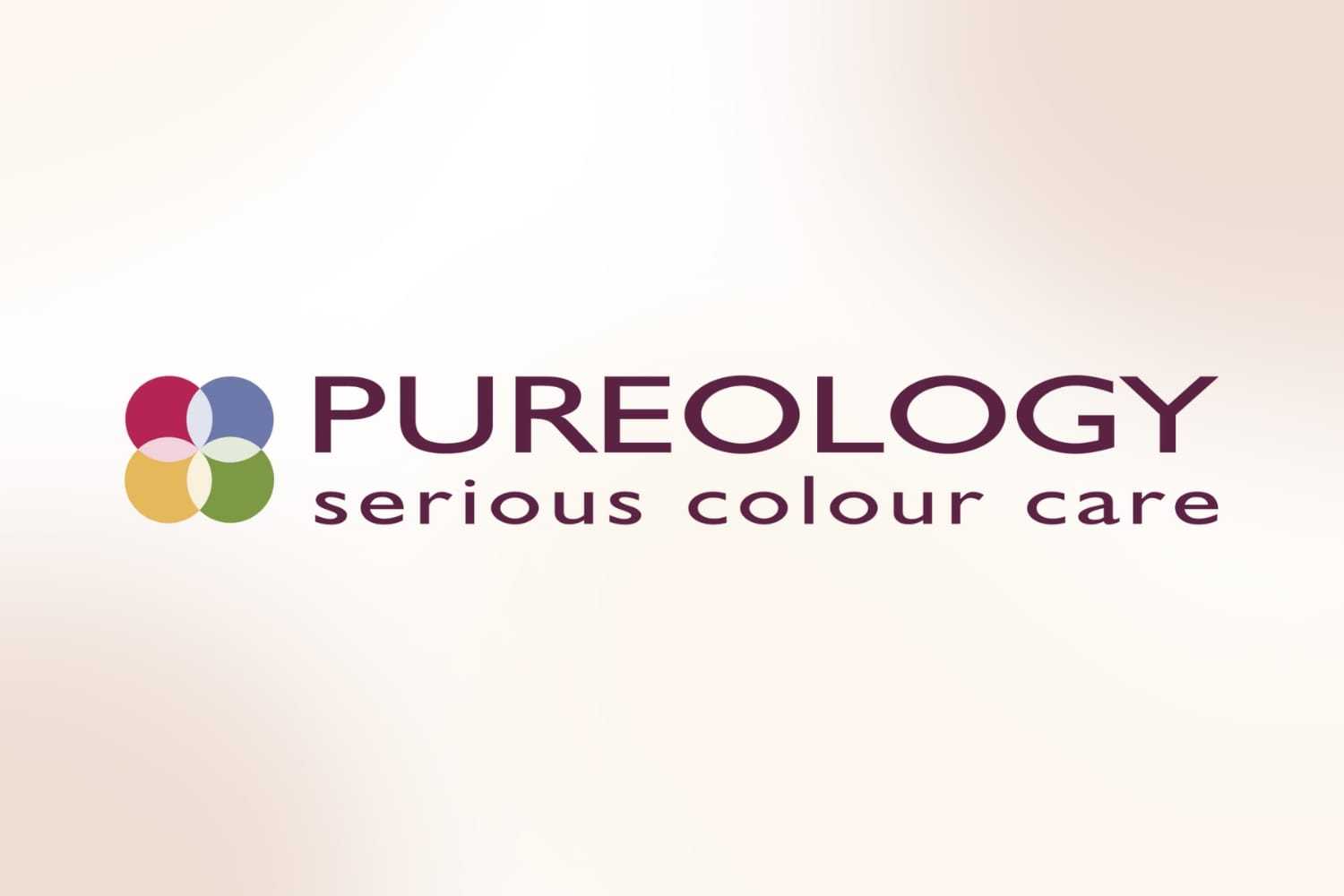 Pureology logo with multicolored floral icon and tagline "serious colour care.